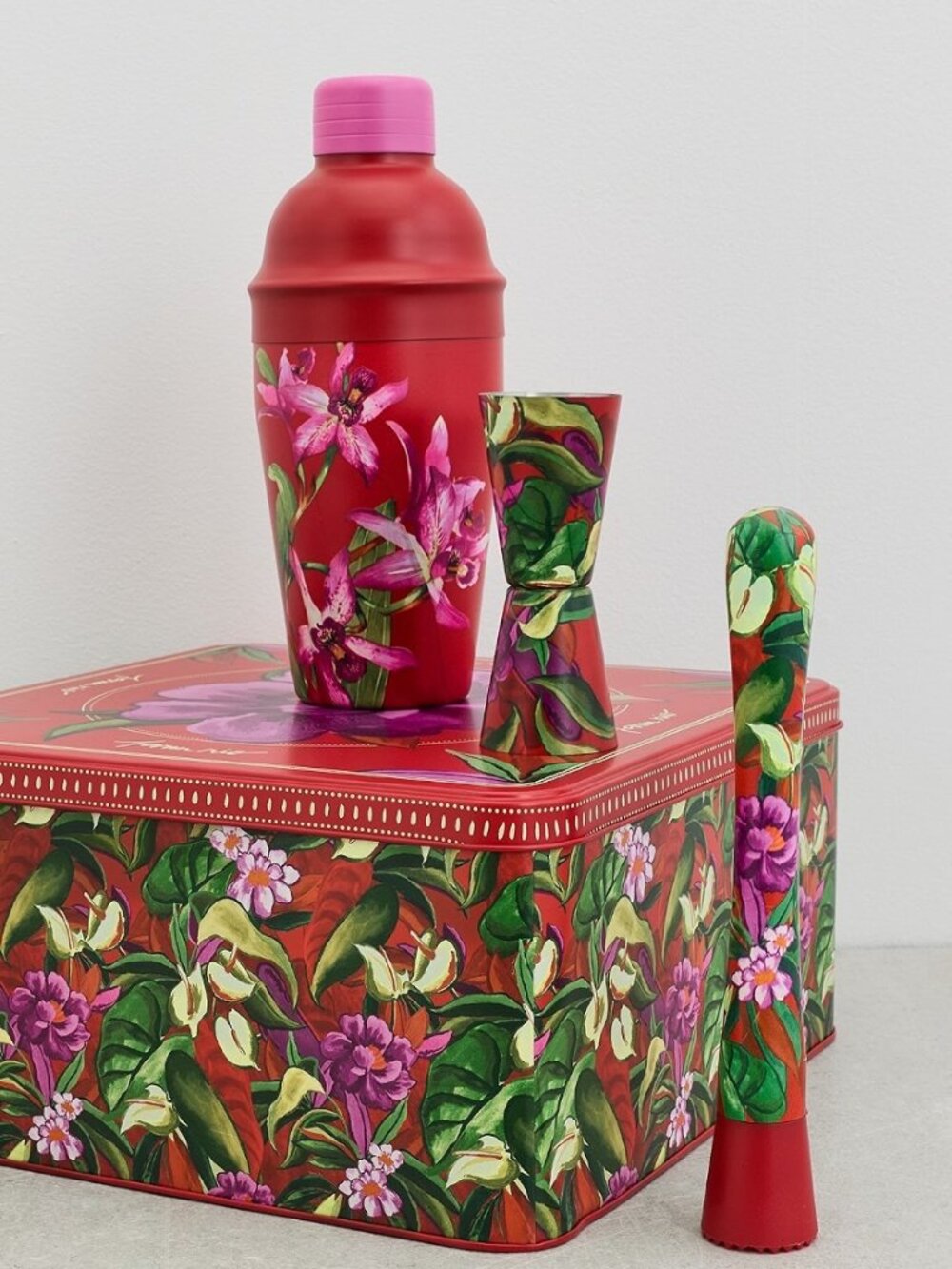 FARM Rio Shake Joy Up Cocktail Maker - Set of 3 | Red with Floral Designs | NWT